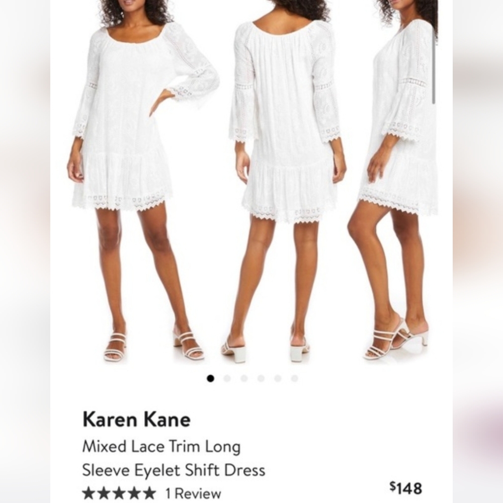 Karen Kane Trim Long Sleeve Eyelet Shift Dress Sz S White